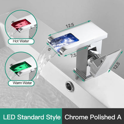 LED mixer tap for washbasin, outdoor decorator with luminous waterfall effect, colors changing according to temperature