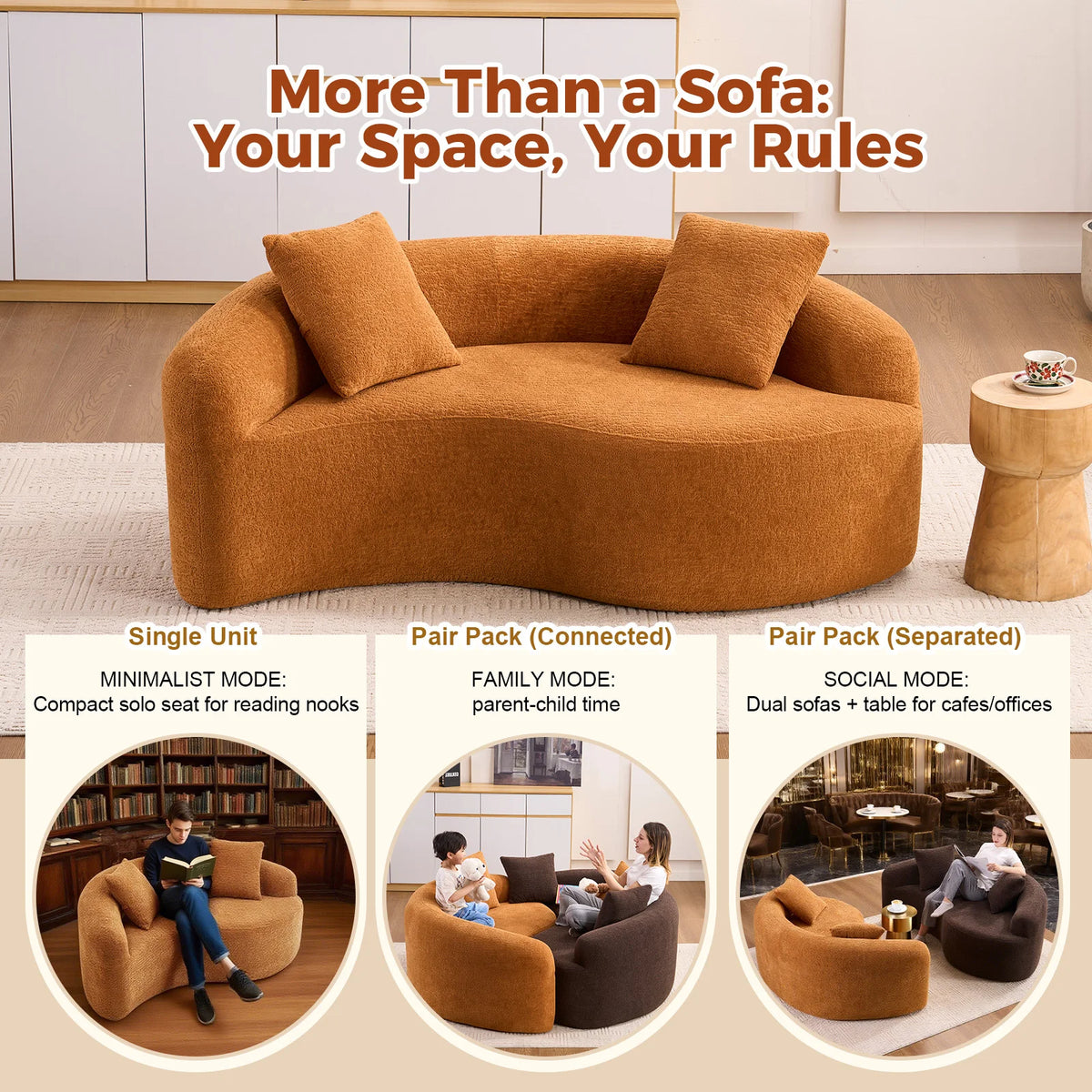 Full Compression Sponge Loveseat S-Curved Dual-Depth Sofa Orange Chenille Modular for Small Spaces & Meditation