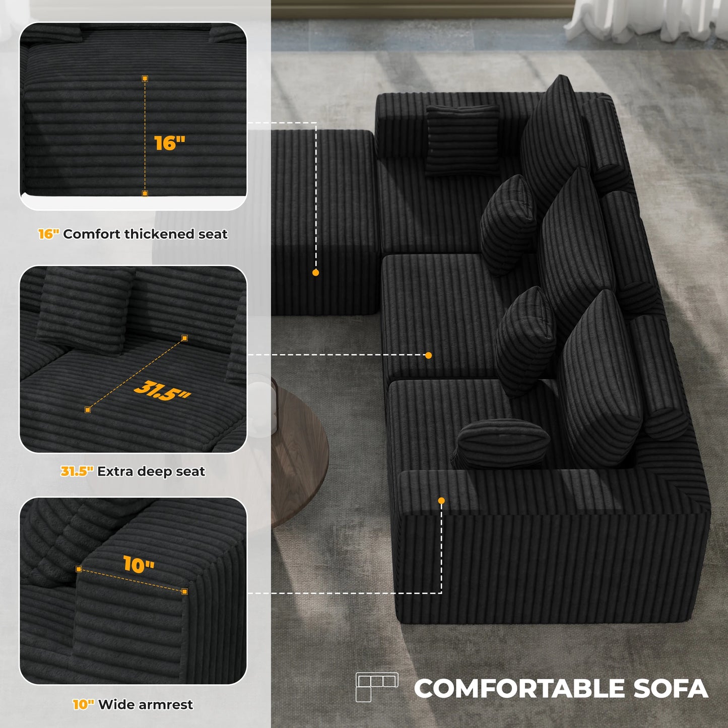 Modular Sectional Sofa Set Convertible L-Shaped Sofa Bed with Sponge Filled Cushions for Apartment & Mall Use Modern Design