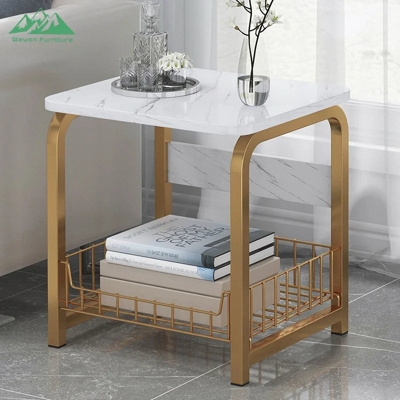 Wayon Ergonomic Side Sofa Table with Integrated Wire Basket Functional Coffee Table for Small Space