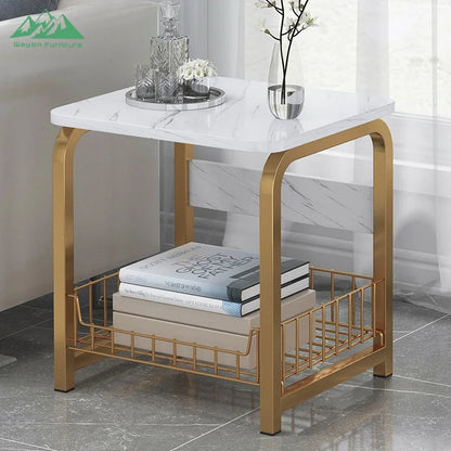 Wayon Ergonomic Side Sofa Table with Integrated Wire Basket Functional Coffee Table for Small Space