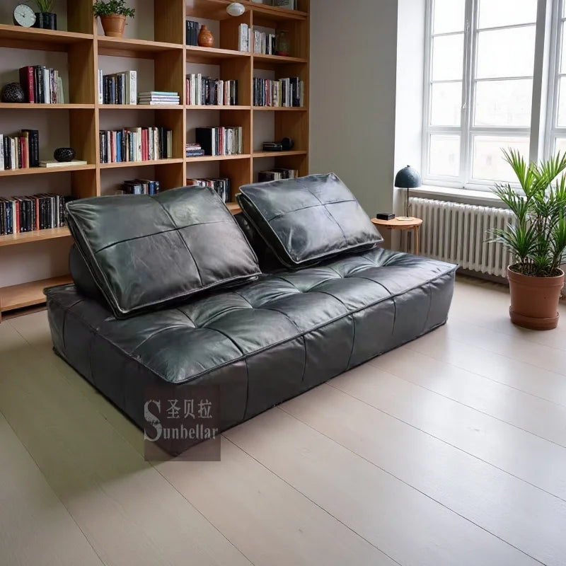 Sunbellar  Factory Customized Top Gain Genuine Leather Modular Sofa 2 Seat Retro Vintage Leather Armless Sofa Pouf Living Room