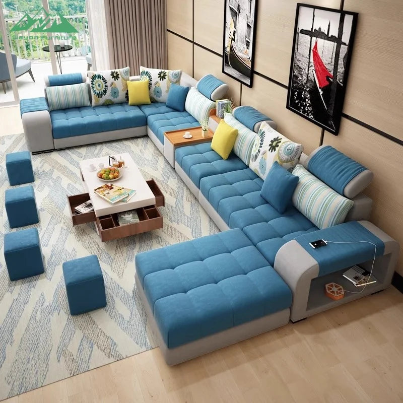 Wayon   Modular Fabric L-Shaped Sofa with Wooden Legs & Built-in USB Charging Storage Unit Modern Living Room Set