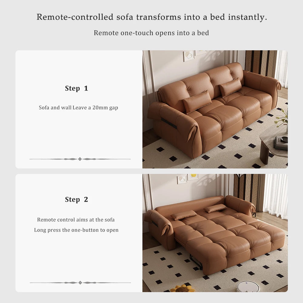 Fully Automatic Remote Control Electric Reclining Convertible Sofa Bed Genuine Leather L-Shape Solid Wood Frame Multifunctional