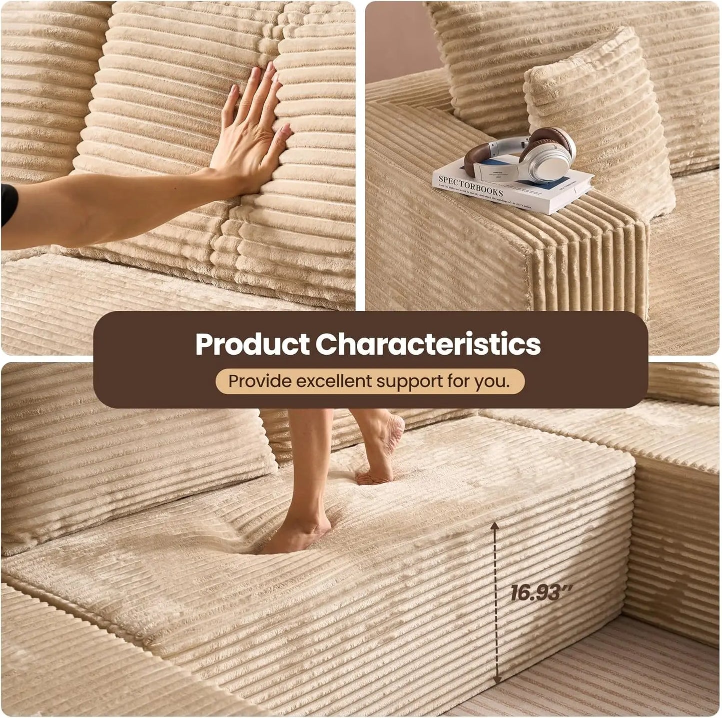 Factory Wholesale Modular U-Shape Cloud Sofa with Reversible Chaise, Vacuum Compressed & Boneless