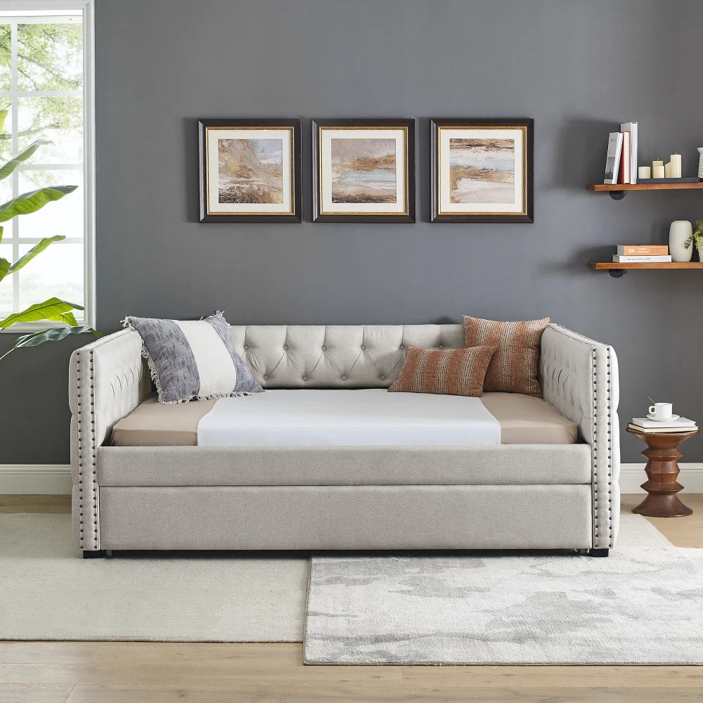 Daybed with Trundle Upholstered Tufted Sofa Bed With Button and Copper Nail on Square Arms Full Daybed and Twin Trundle