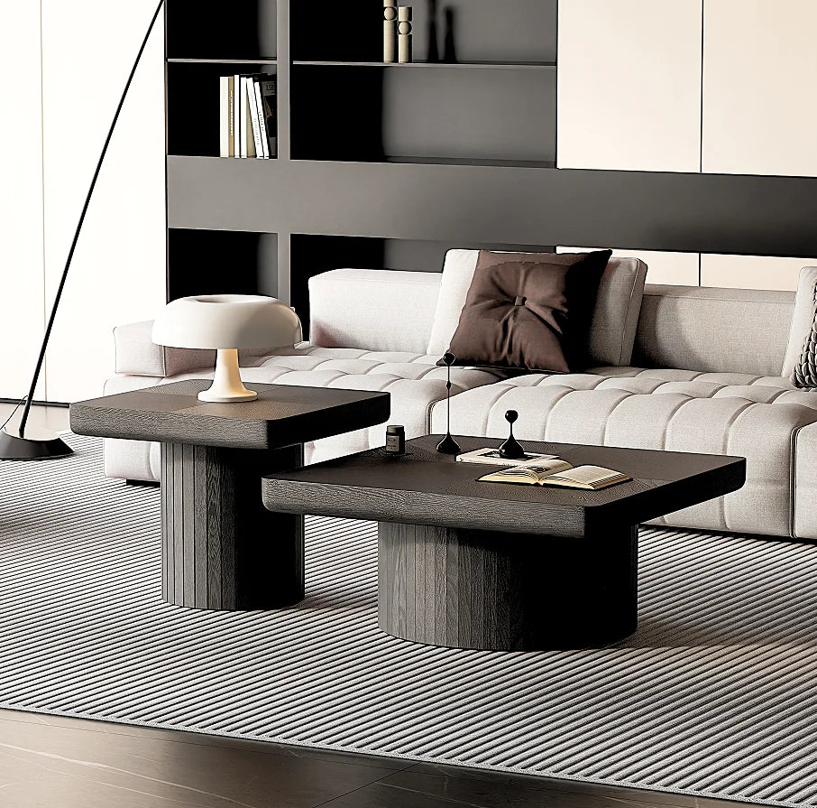 Modern Wood Nesting Coffee Table Set 2-Piece Cylindrical Fluted Pedestal Eco-Friendly Durable Living Room Furniture