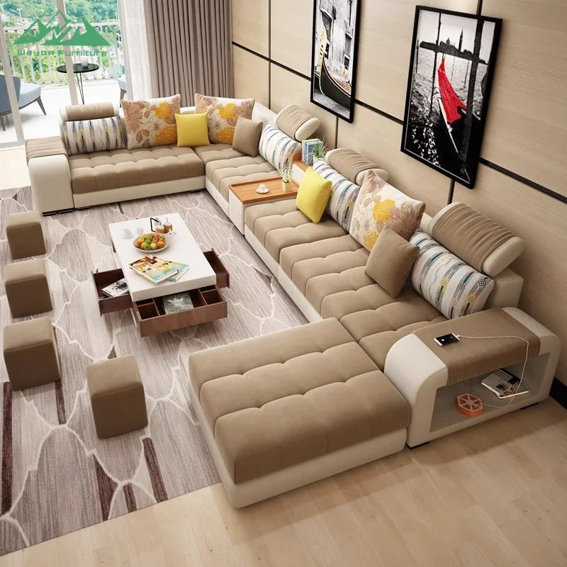 Wayon   Modular Fabric L-Shaped Sofa with Wooden Legs & Built-in USB Charging Storage Unit Modern Living Room Set