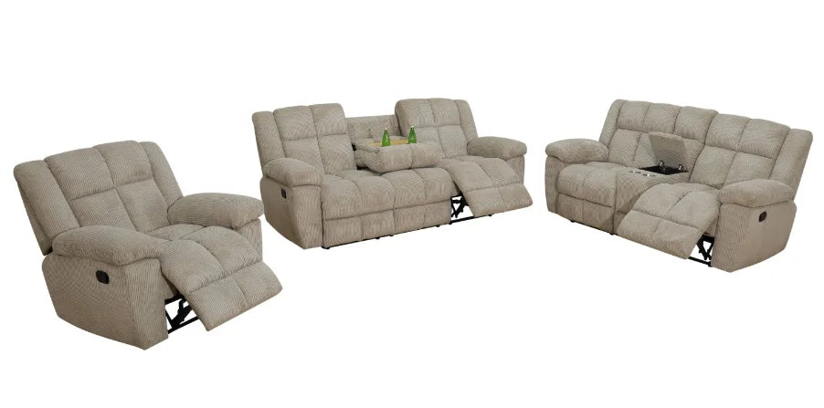 Beige Corduroy 3-Piece Living Room Recliner Sofa Set