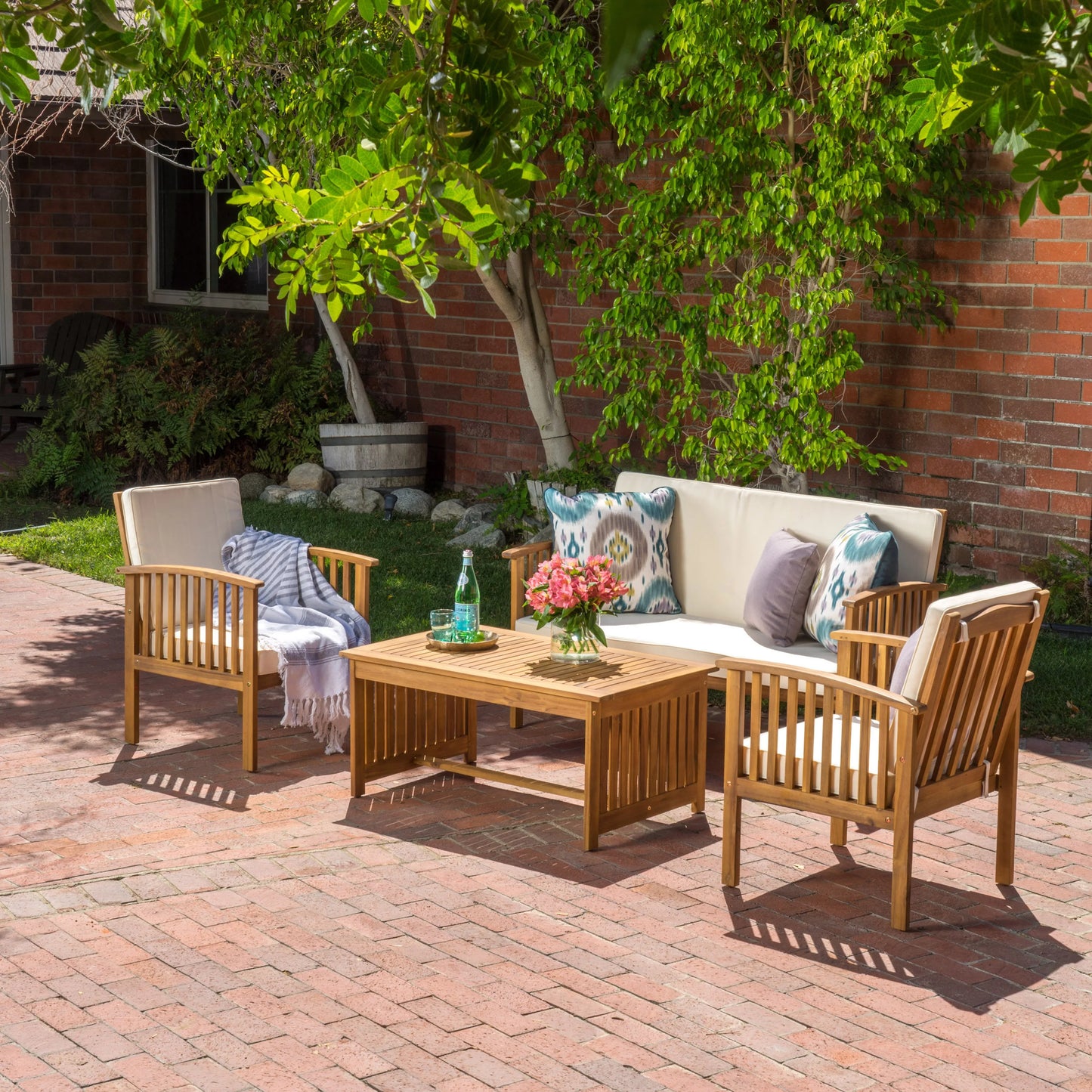 4-Piece Chat Collection Garden Set Natural Wood Outdoor Furniture with Water-Resistant Cushions for Courtyard Use