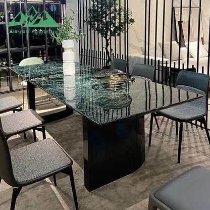 Wayon Luxury Green Sintered Stone Dining Table Set Glossy Faux Marble Top Black Pedestal Base Kitchen Furniture