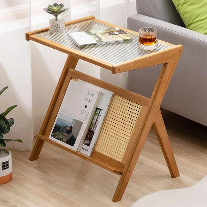 Bamboo End Table with Glass Top & Woven Shelf - Modern Side Table for Living Room, Bedroom, Includes Magazine Storage