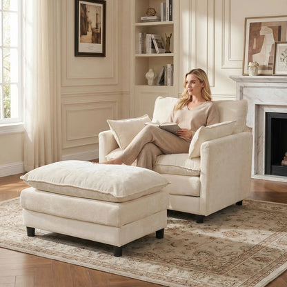Chenille Two Seat Accent Sofa Ottoman Cozy Upholstered Modern Sofa Set Beige Lounge Decorative Pillows Wood Legs Living Room