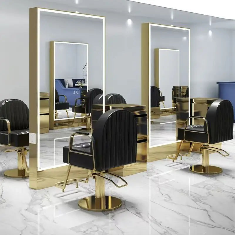 Barber Shop & Hair Salon Double-Sided Metal Salon Mirror Cabinet with Trendy Style Floor Light for Haircut and Perm/Dye Services