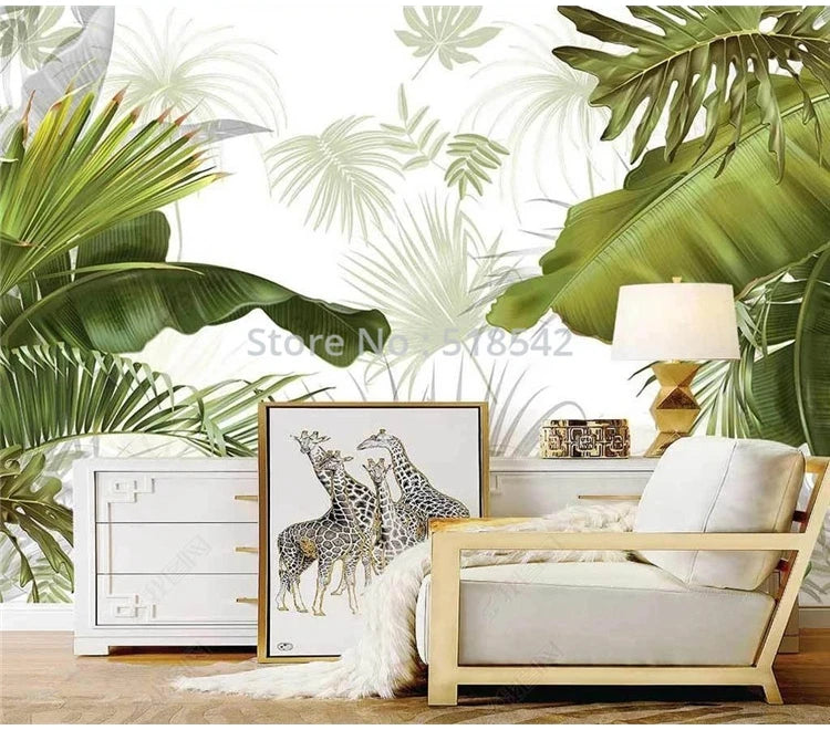 Custom Any Size Mural Wallpaper Nordic Hand Painted Tropical Leaves Plants Indoor Luxury Backdrop Wall Painting Papel De Parede