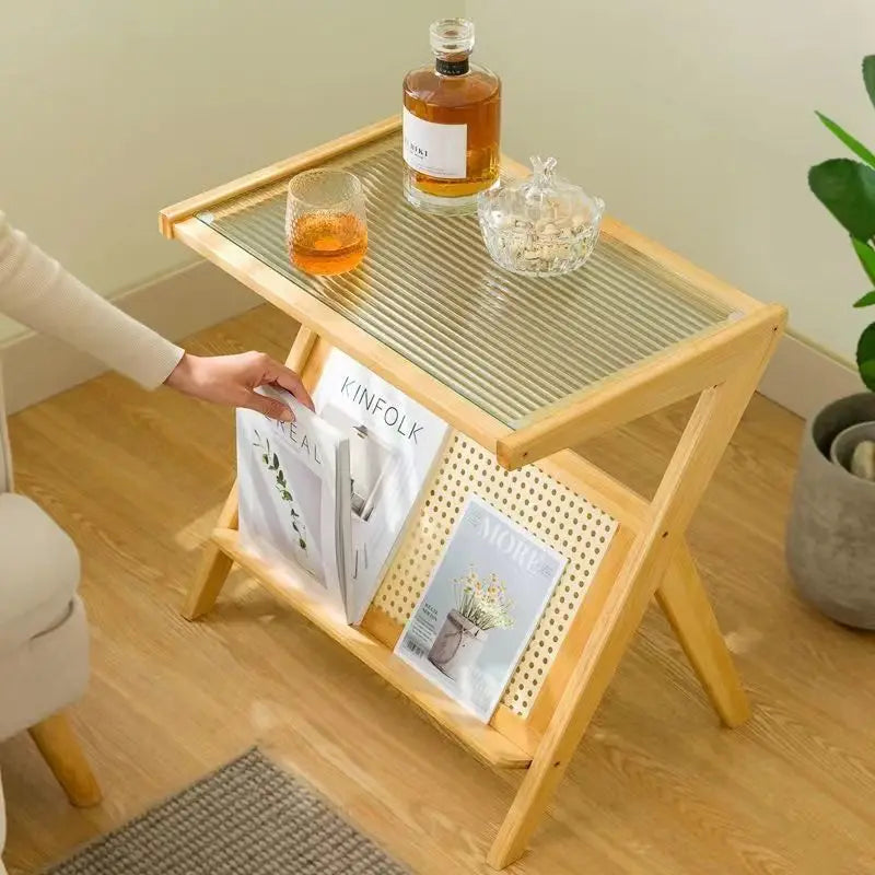 Bamboo End Table with Glass Top & Woven Shelf - Modern Side Table for Living Room, Bedroom, Includes Magazine Storage