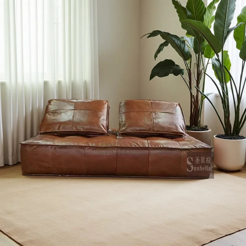 Sunbellar  Factory Customized Top Gain Genuine Leather Modular Sofa 2 Seat Retro Vintage Leather Armless Sofa Pouf Living Room