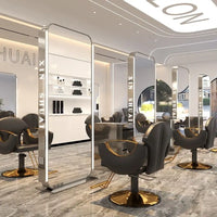 Barber Shop & Hair Salon Double-Sided Metal Salon Mirror Cabinet with Trendy Style Floor Light for Haircut and Perm/Dye Services