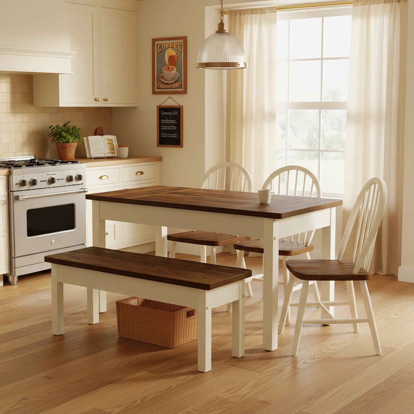 Tribesigns 3-Piece Dining Set with 2 Benches, 55" Farmhouse Table for 4-6, Space-Saving Kitchen Dinette for Small Space, Brown