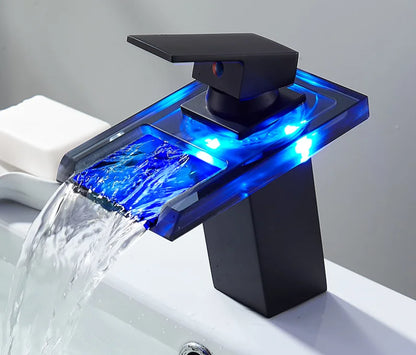 LED mixer tap for washbasin, outdoor decorator with luminous waterfall effect, colors changing according to temperature