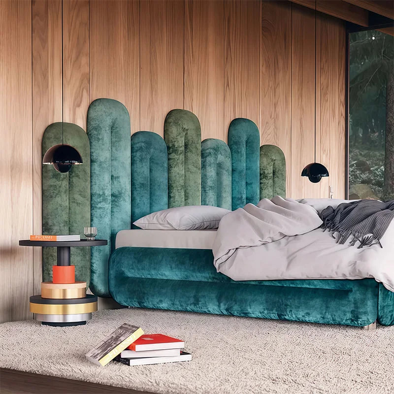 Art Modern King Deluxe Bed Solid Wood Frame Metal Legs Blue Green Red Velvet Bedroom Furniture