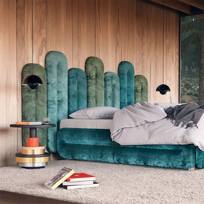 Art Modern King Deluxe Bed Solid Wood Frame Metal Legs Blue Green Red Velvet Bedroom Furniture