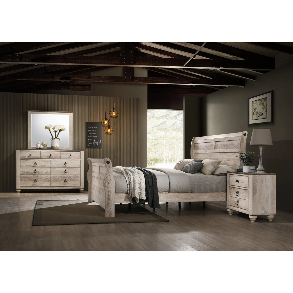 Imerland Contemporary White Wash Finish Bedroom 4 Piece Set With King Sleigh Bed Dresser Mirror and One Nightstand
