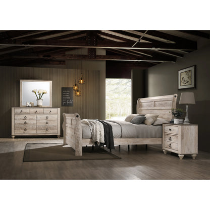 Imerland Contemporary White Wash Finish Bedroom 4 Piece Set With King Sleigh Bed Dresser Mirror and One Nightstand
