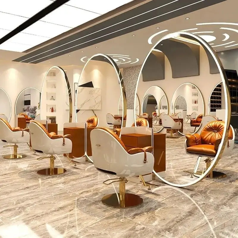 Barber Shop & Hair Salon Double-Sided Metal Salon Mirror Cabinet with Trendy Style Floor Light for Haircut and Perm/Dye Services