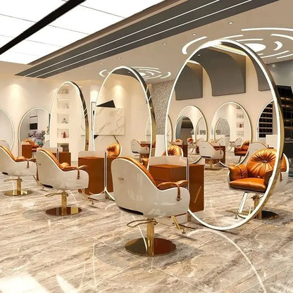 Barber Shop & Hair Salon Double-Sided Metal Salon Mirror Cabinet with Trendy Style Floor Light for Haircut and Perm/Dye Services