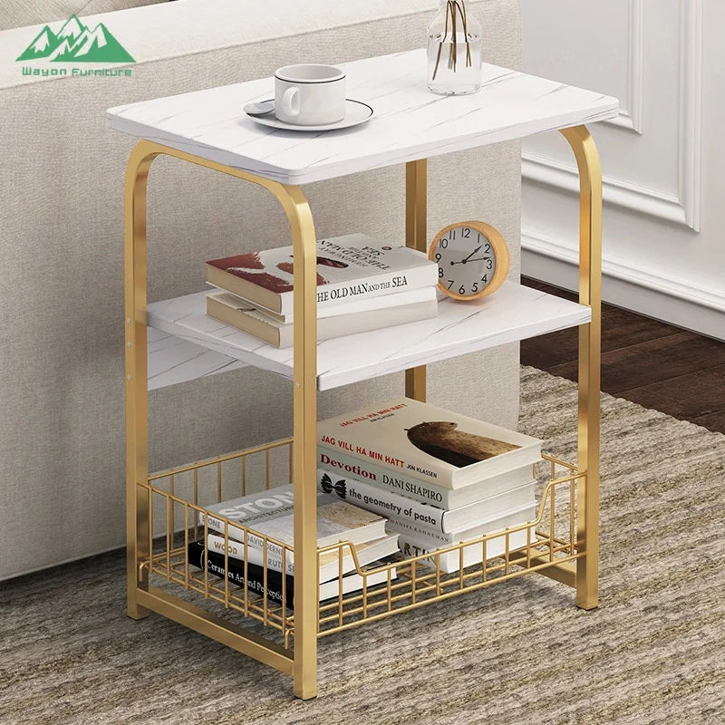Wayon Ergonomic Side Sofa Table with Integrated Wire Basket Functional Coffee Table for Small Space