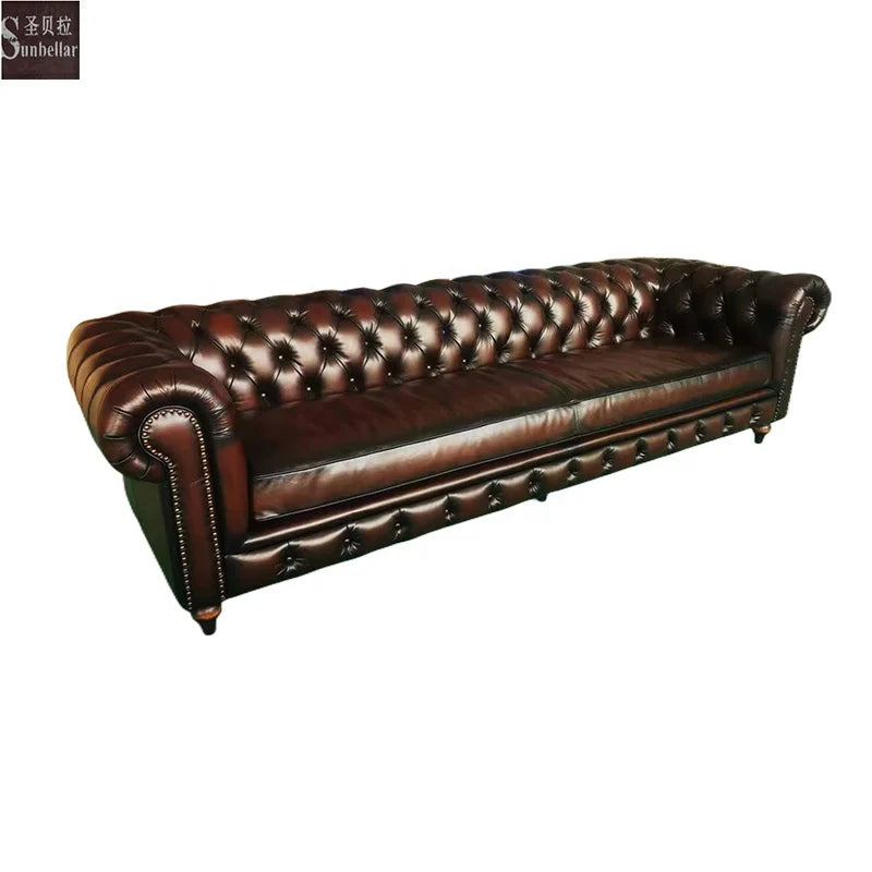 OEM High Quality Chesterfield Leather Sofa Antique Distressed Oxblood Red 100% Top Grain Genuine Leather Chesterfield Sofa Set