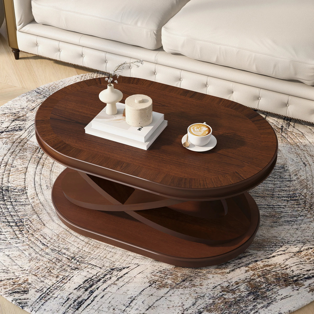 44 Inch Modern Wood Oval Coffee Table with X-Shaped Base Open Storage Sofa Center Table for Living Room Furniture