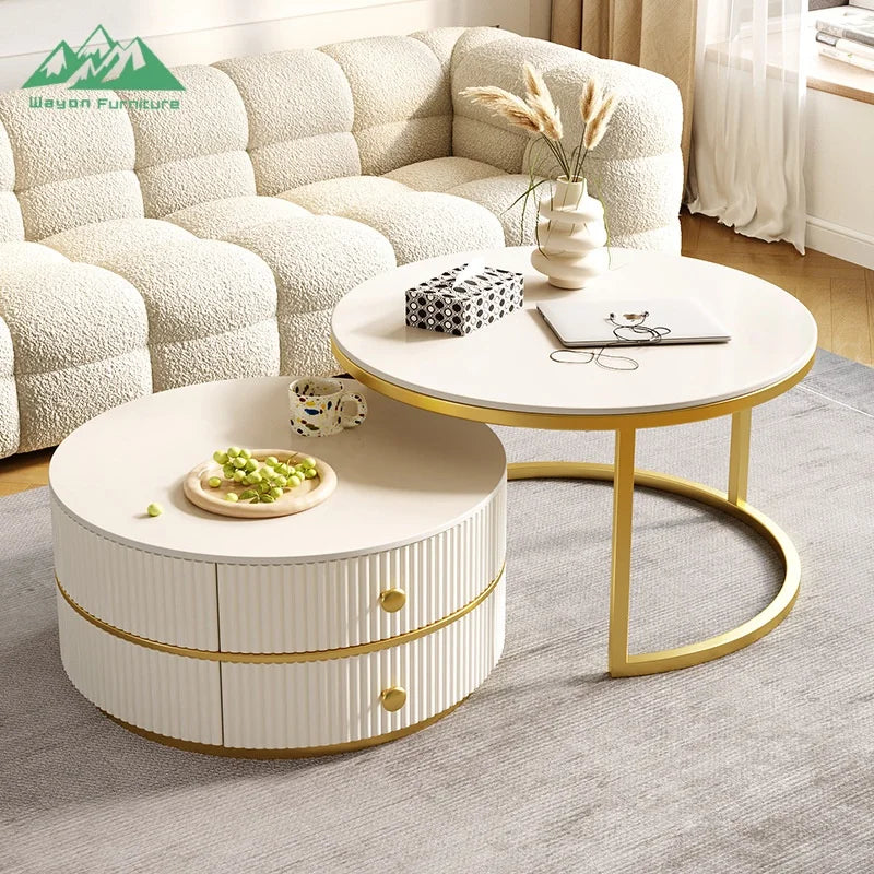Wayon Modern White Round Nesting Coffee Table Set Gold Frame Storage Drawers Fluted Texture Living Room