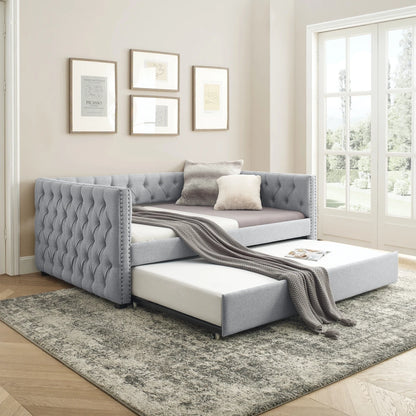 Daybed with Trundle Upholstered Tufted Sofa Bed With Button and Copper Nail on Square Arms Full Daybed and Twin Trundle