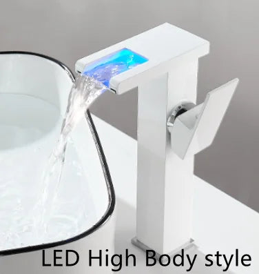 LED mixer tap for washbasin, outdoor decorator with luminous waterfall effect, colors changing according to temperature