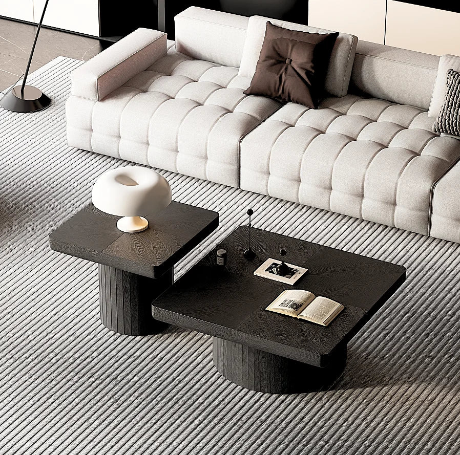 Modern Wood Nesting Coffee Table Set 2-Piece Cylindrical Fluted Pedestal Eco-Friendly Durable Living Room Furniture