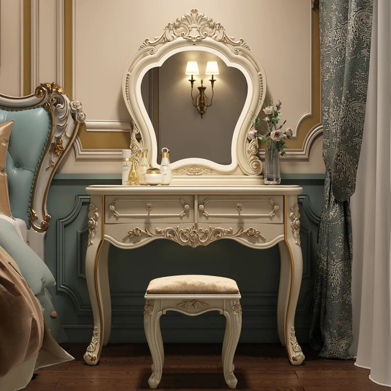 European Style Modern LED Cream White Dressing Table Girls' Makeup Table with Lighted Mirror Wood Panel Bedroom Furniture