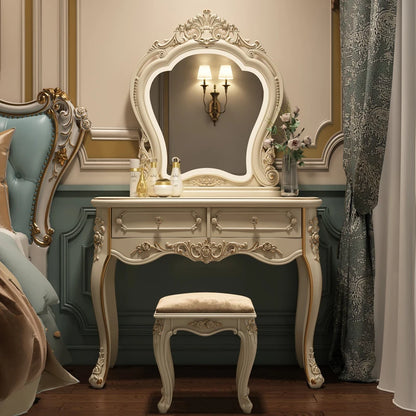 European Style Modern LED Cream White Dressing Table Girls' Makeup Table with Lighted Mirror Wood Panel Bedroom Furniture