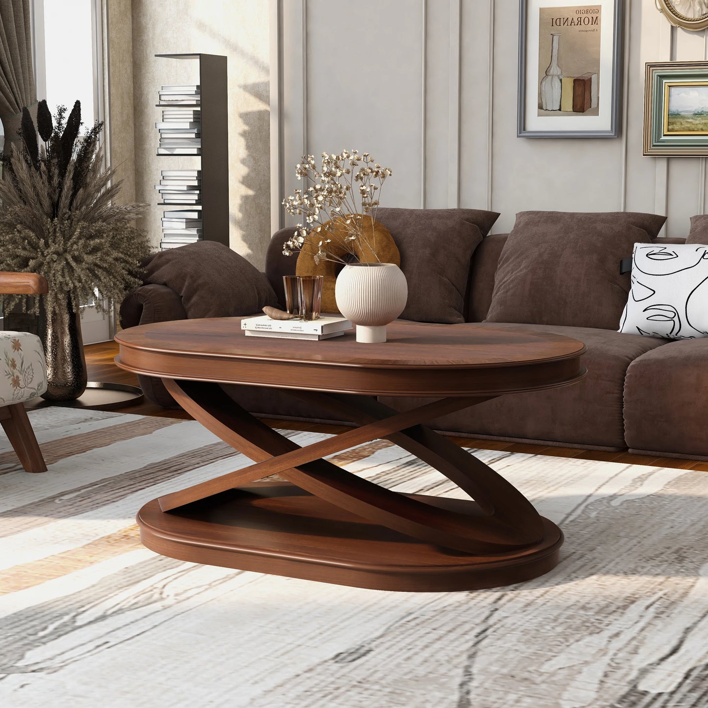 44 Inch Modern Wood Oval Coffee Table with X-Shaped Base Open Storage Sofa Center Table for Living Room Furniture