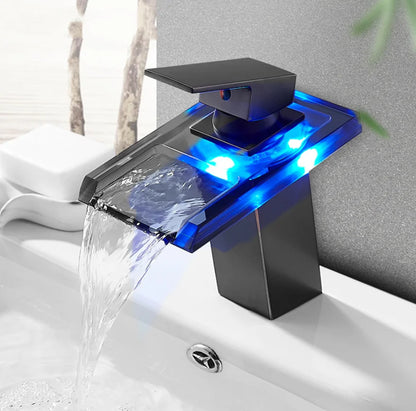 LED mixer tap for washbasin, outdoor decorator with luminous waterfall effect, colors changing according to temperature