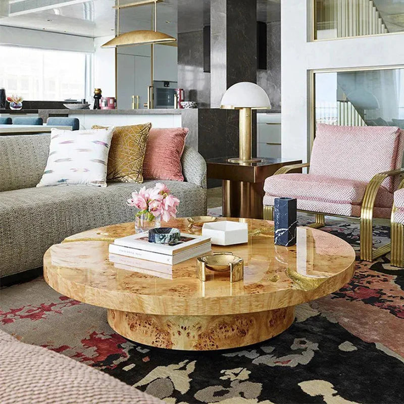 Large Round Luxury Italy Natural Stone Copper Modern Solid Wood Designer Living Room Furniture Center Square Coffee Table