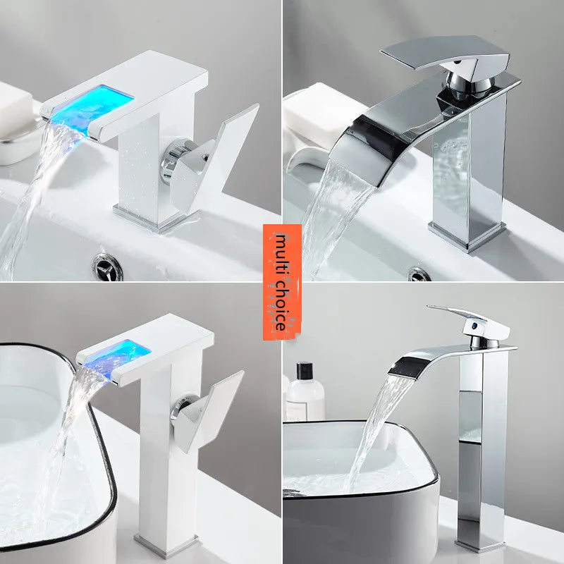 LED mixer tap for washbasin, outdoor decorator with luminous waterfall effect, colors changing according to temperature