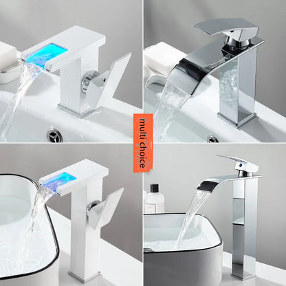 LED mixer tap for washbasin, outdoor decorator with luminous waterfall effect, colors changing according to temperature