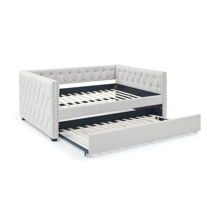 Daybed with Trundle Upholstered Tufted Sofa Bed With Button and Copper Nail on Square Arms Full Daybed and Twin Trundle