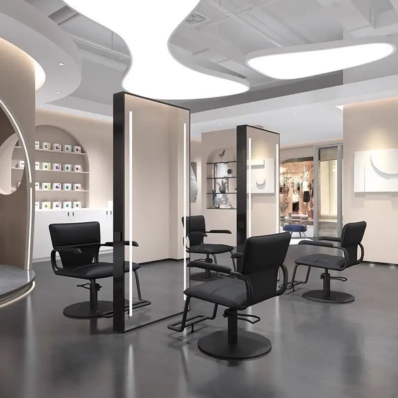 Barber Shop & Hair Salon Double-Sided Metal Salon Mirror Cabinet with Trendy Style Floor Light for Haircut and Perm/Dye Services