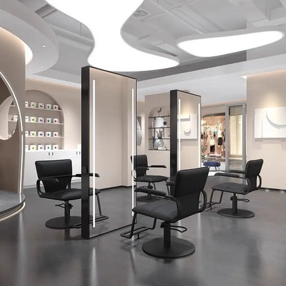 Barber Shop & Hair Salon Double-Sided Metal Salon Mirror Cabinet with Trendy Style Floor Light for Haircut and Perm/Dye Services