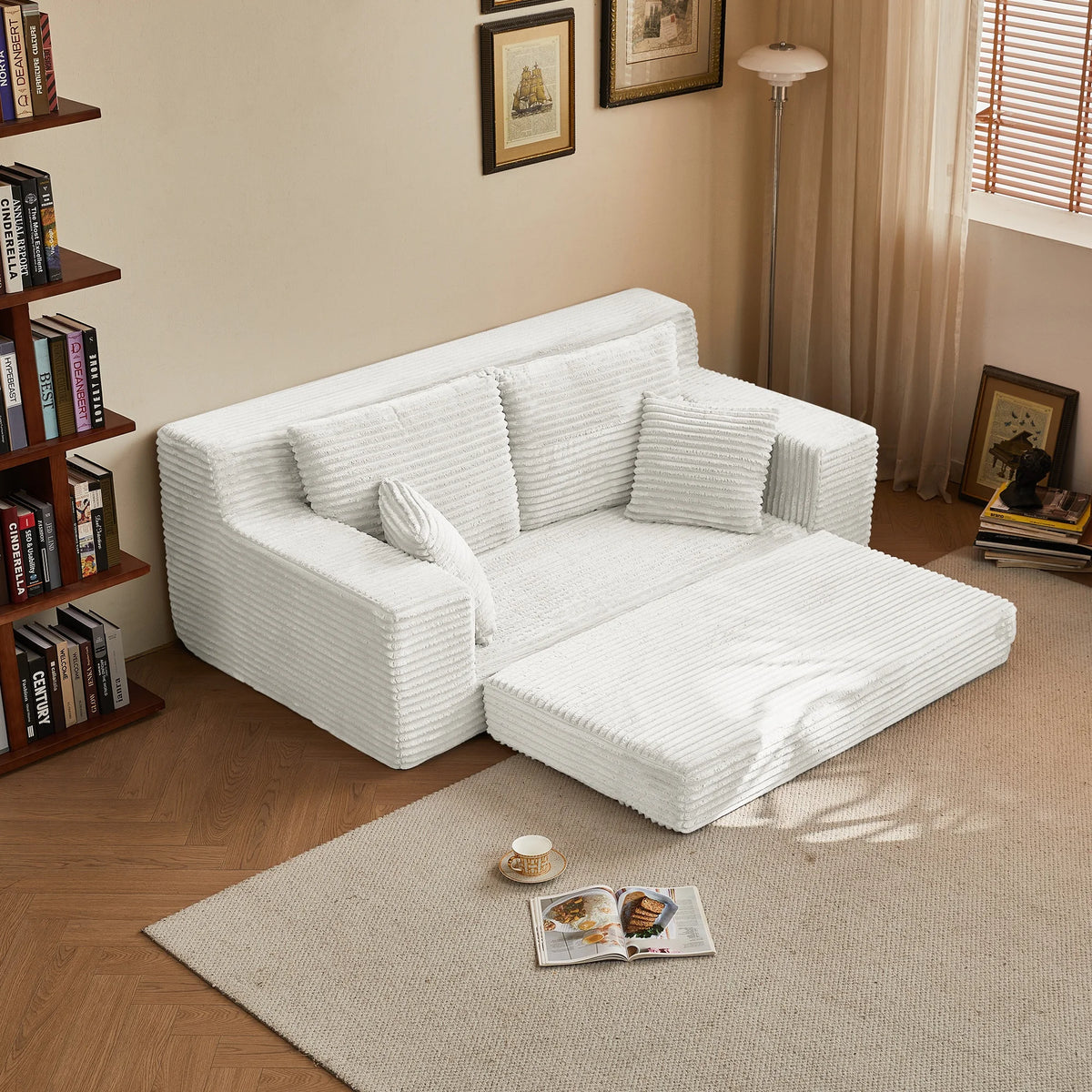 Modern Modular Loveseat Sofa Bed Convertible 2-in-1 Square Upholstered Durable Corduroy Fabric High-Density Foam Apartment Villa