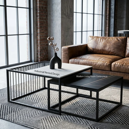 Modern Two-piece Design, Coffee Table, Metal Frame, Glossy Paint, Easy to Clean, Durable, Home Living Room Furniture