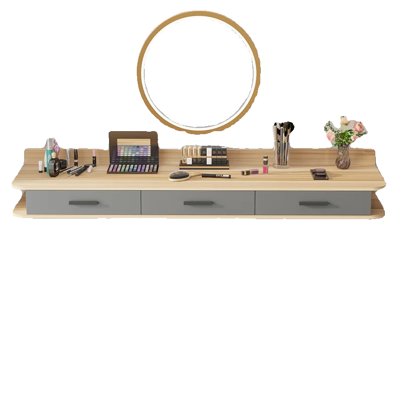 Hanging Wall-mounted Floating Bedroom Makeup Dressing Table Modern Simple Design Panel Rounded Corners Round Mirror Bedside Desk